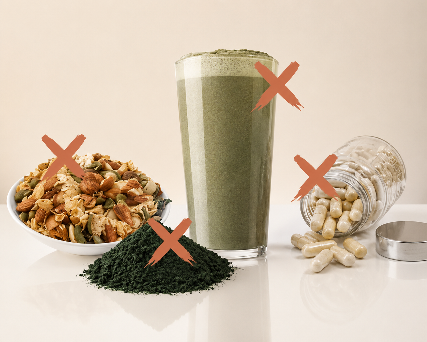Restrictive diets crossed out — green smoothie, nuts, spirulina, supplements