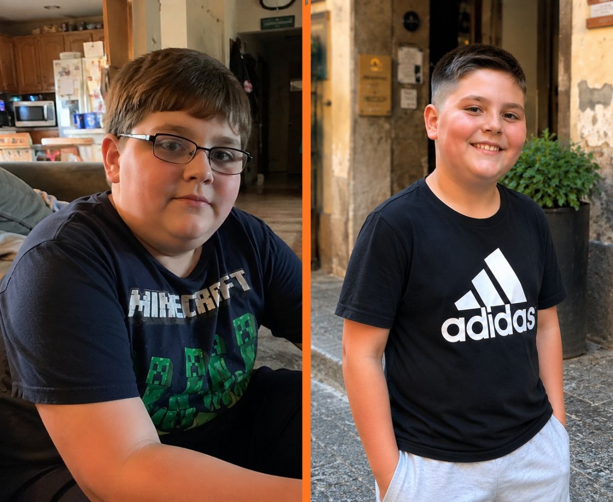 Noah, age 12 — before and after